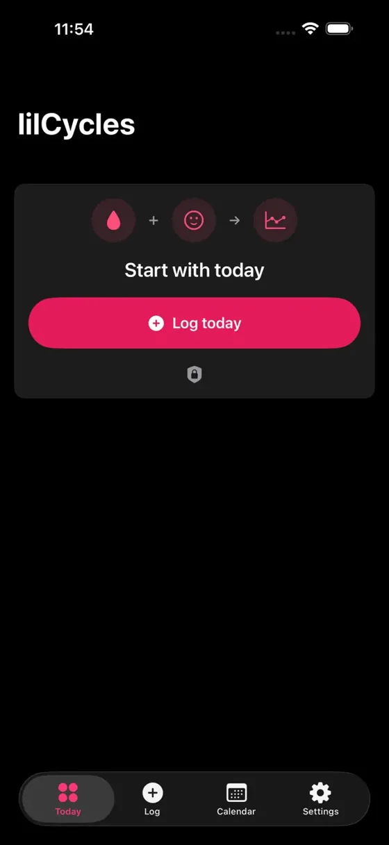 lilCycles Today screen with Start with today and a Log today button