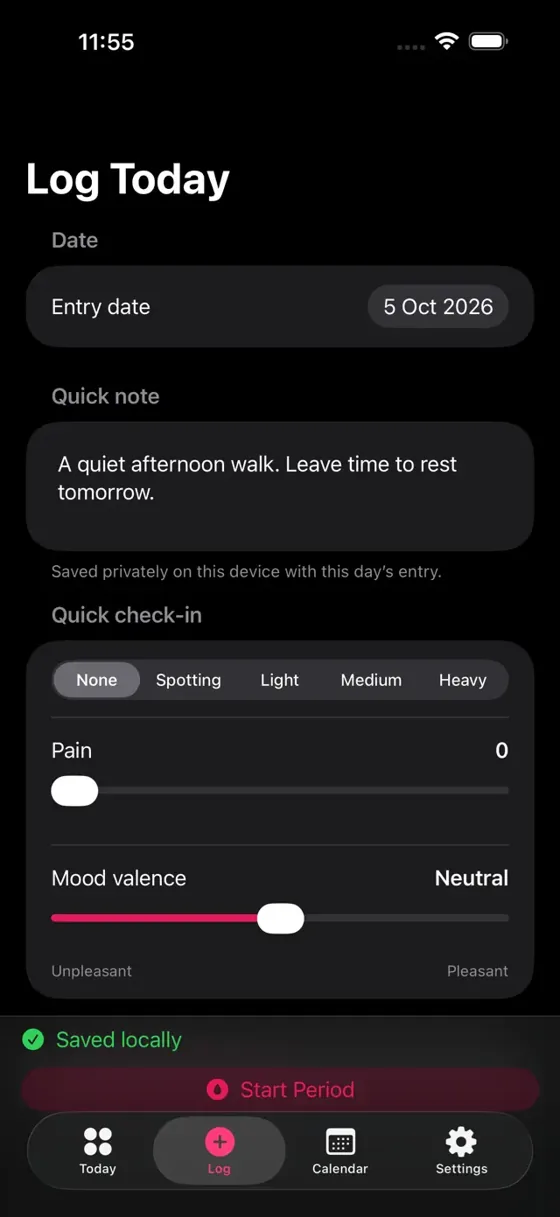 lilCycles Log Today screen with a quick note, spotting, pain and mood controls