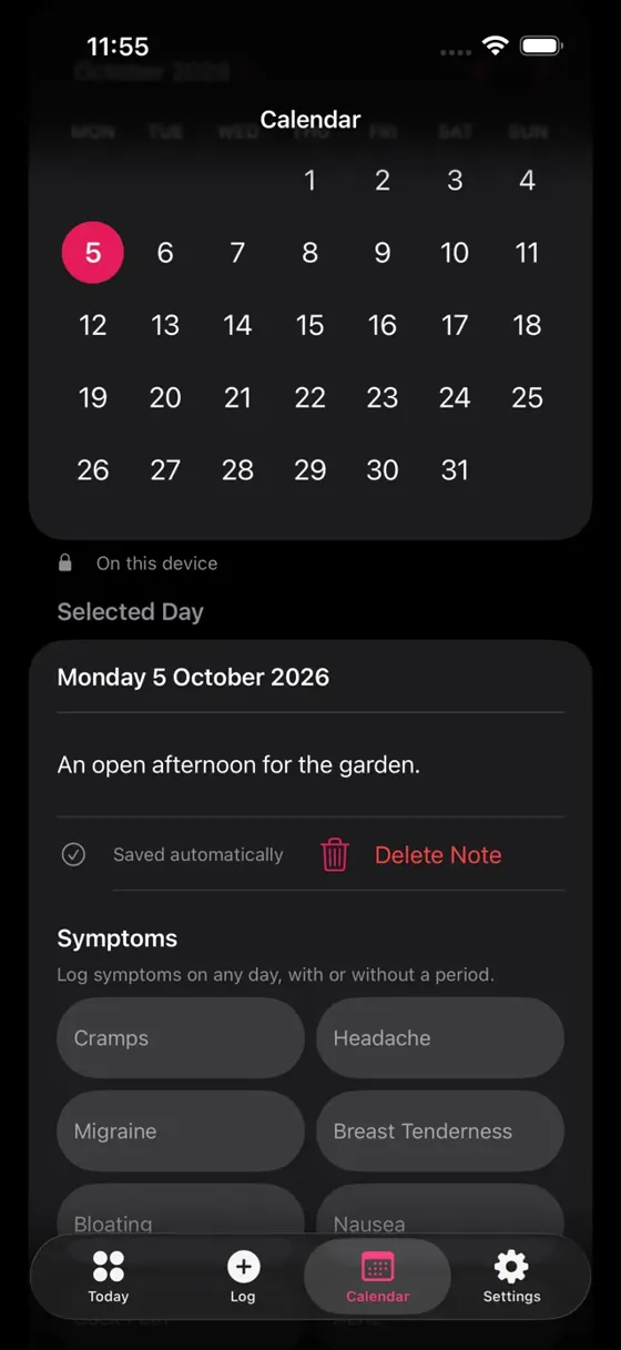 lilCycles October calendar with a selected day, saved note and symptom choices