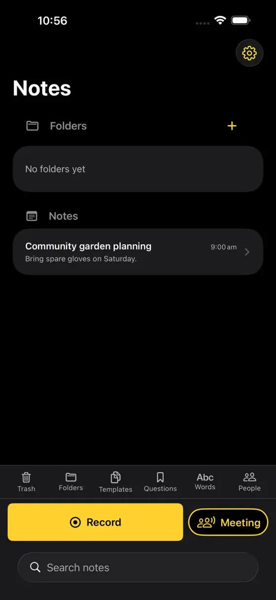 lilKiTTY Notes library with a community garden example note, Record and Meeting controls