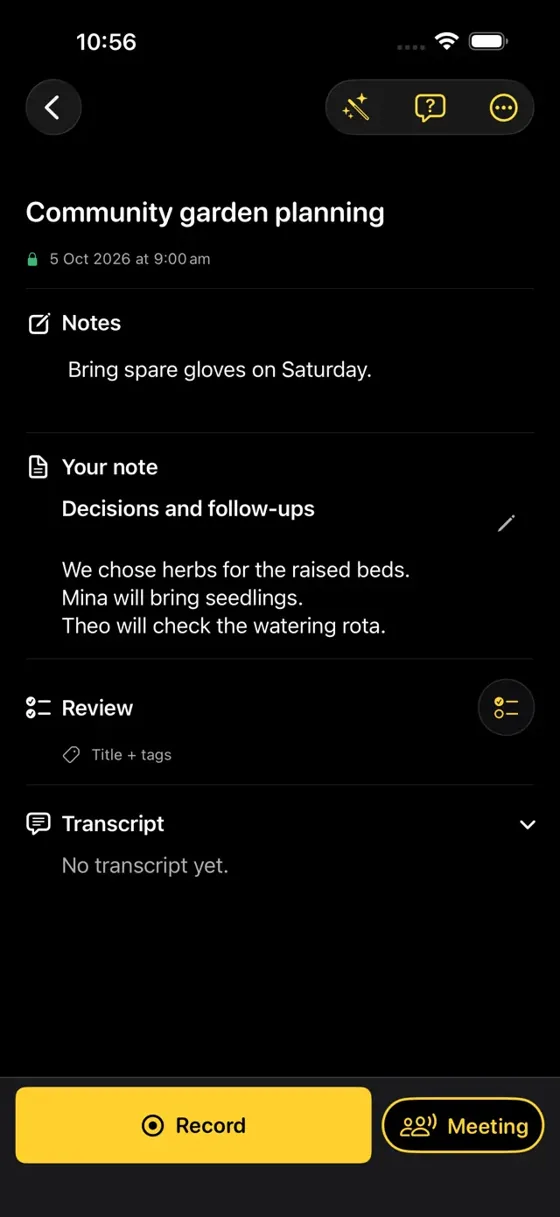 lilKiTTY garden-planning example note with decisions, follow-ups, review and transcript sections